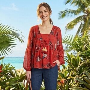 Time and Tru Women’s Floral Red Peasant Top with Tassel Tie - Two Piece